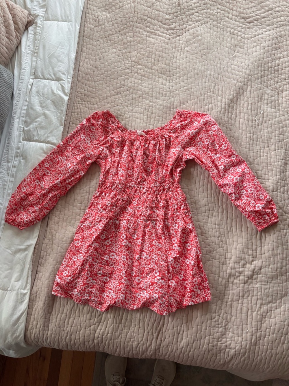 Crew Cuts- Girls Red Floral Long-Sleeve Smocked Waist Dress